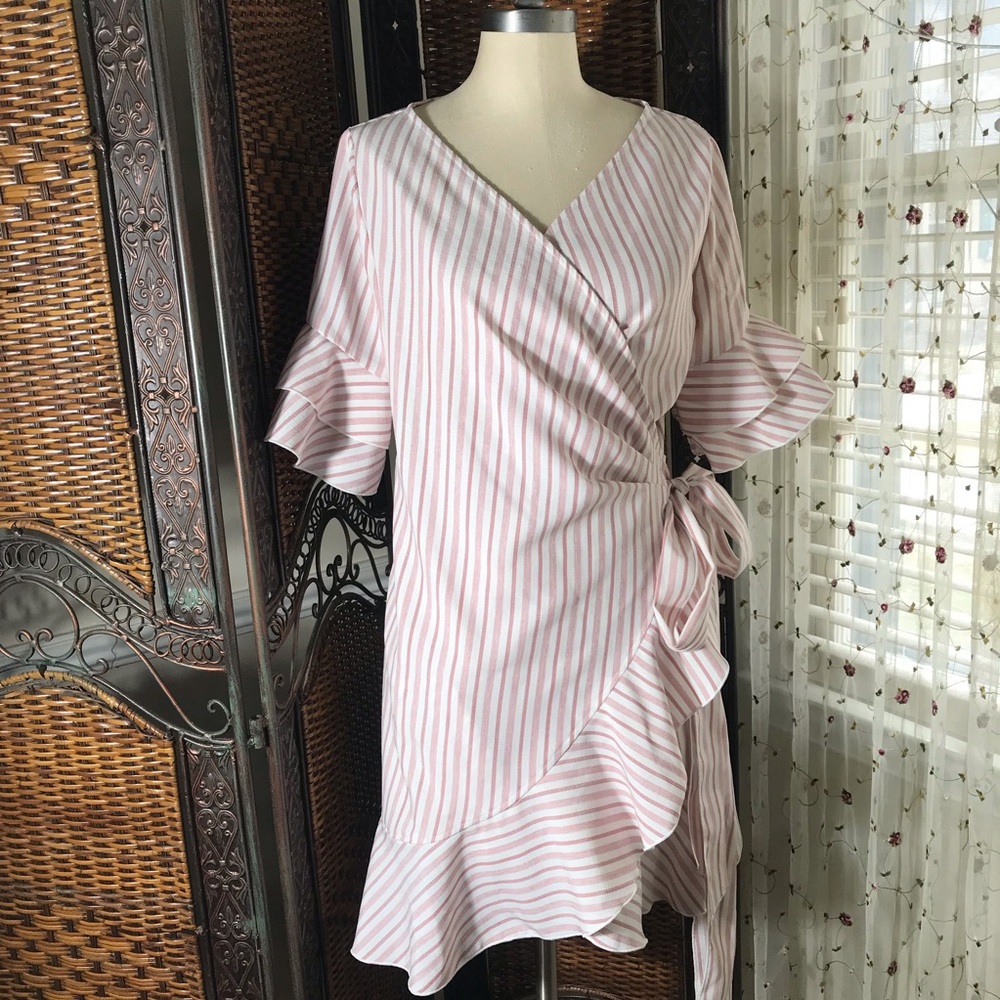 Striped Pink Wrap Mini Dress with Ruffle Trim